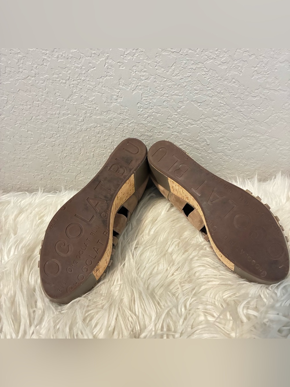 Chocolat Blu Taupe Woven Suede Cork Wedge Sandals - Picture 6 of 9